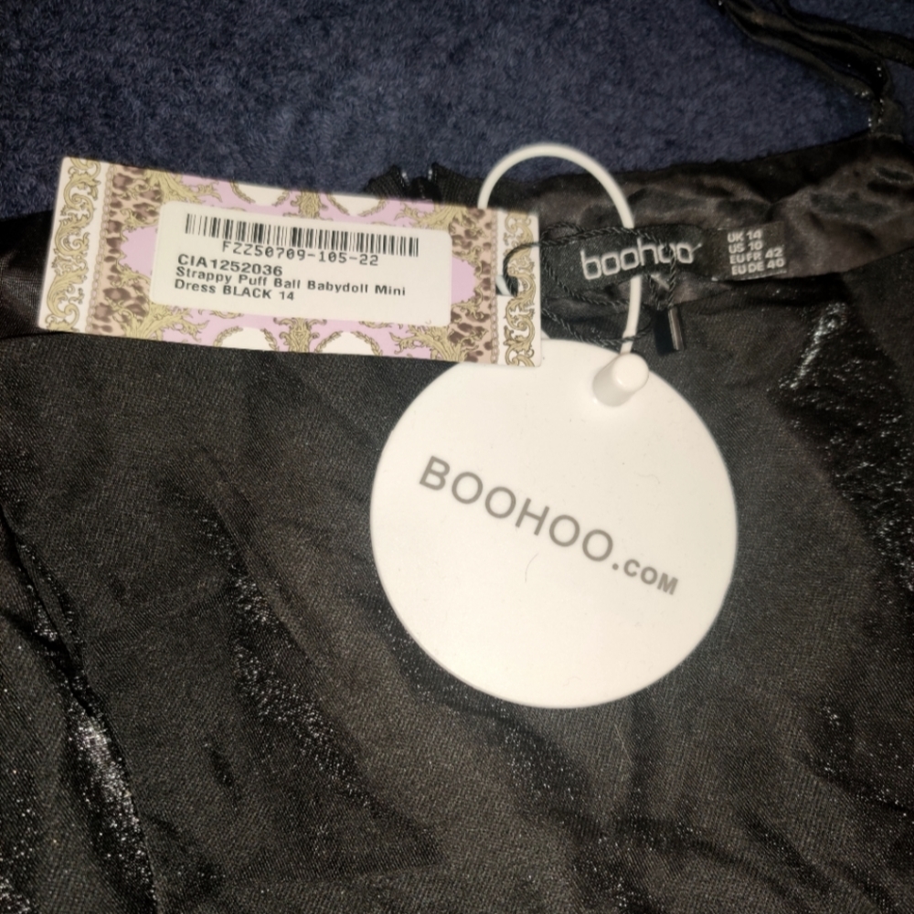 Boohoo Strappy Puff Ball Babydoll Mini in Black Sz 10 - Picture 5 of 5